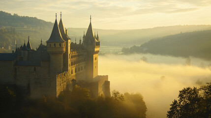 Fototapeta premium A castle with high towers and battlements, overlooking a valley covered in morning mist.