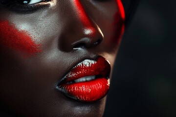 A face with glossy red lips and red paint on cheek is shown in close-up. Concept of bold makeup and beauty. For beauty campaigns