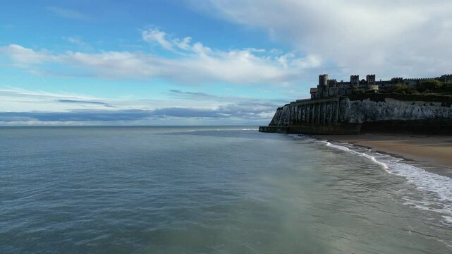 Drone footage of Kingsgate Castle overlooking Kingsgate Bay in Broadstairs, Kent, England, UK