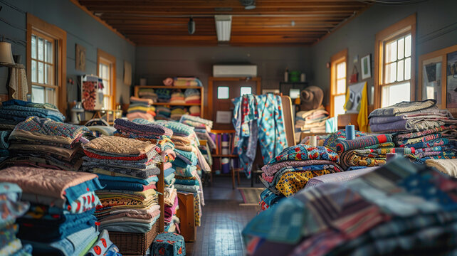 A sewing circle making quilts for charity: Piles of fabric squares, spools of thread, and smiles as the quilts come together.