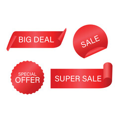 Set of vector red sale, special offer, big deal, super sale badges. Simple flat style vintage labels, stickers.