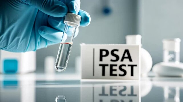 close-up of a doctor's hand in rubber gloves holding a test tube, the inscription PSA test


