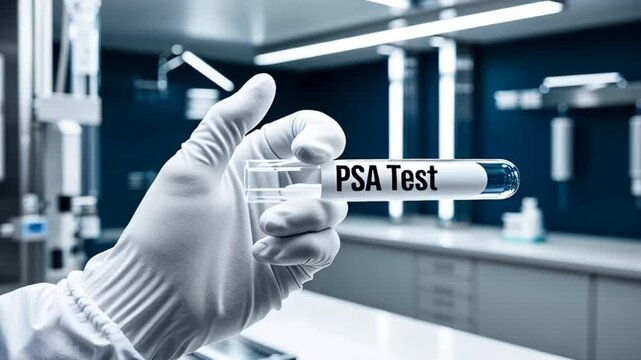 close-up of a doctor's hand in rubber gloves holding a test tube, the inscription PSA test

