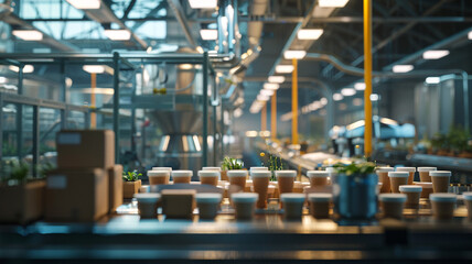 A factory producing eco-friendly packaging from plant-based materials. Machines form cups, trays, and wrappers, reducing plastic waste.