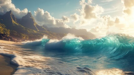 Stunning turquoise waves rolling toward the shore, with sunlight glistening on their peaks, creating a mesmerizing view