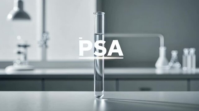 close-up of a doctor's hand in rubber gloves holding a test tube, the inscription PSA test

