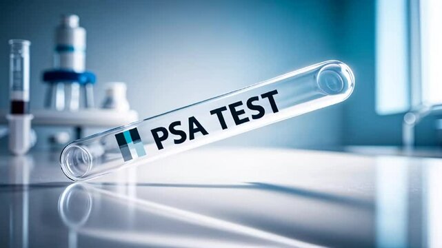 close-up of a doctor's hand in rubber gloves holding a test tube, the inscription PSA test

