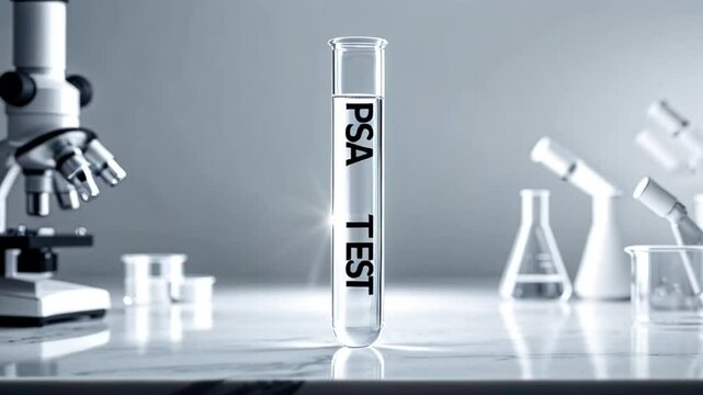 close-up of a doctor's hand in rubber gloves holding a test tube, the inscription PSA test

