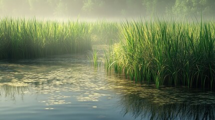 Obraz premium Serene Lakeside Landscape with Lush Reeds and Reflections