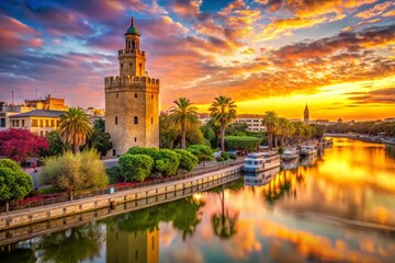 Fototapeta premium Stunning Architectural Photography of Torre del Oro in Seville, Andalusia, Showcasing Its Rich History and Iconic Design Against a Beautiful Sky