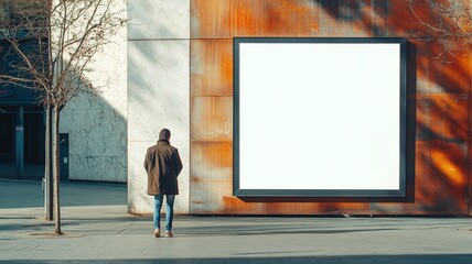 Fototapeta premium empty billboard on a wall of a building in the city with a person standing next to it