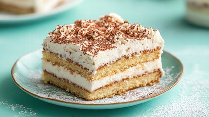 A single slice of tres leches cake on a pastel teal background