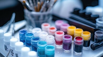 Professional tattoo setup showing clean ink caps filled with vivid shades of ink next to sterilized tools
