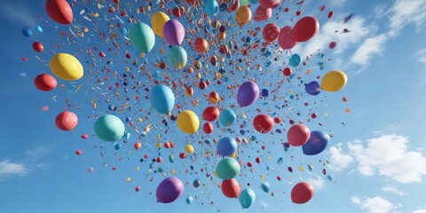 Fototapeta premium Confetti bursting out of a bunch of balloons as they float upwards, against a bright blue sky , celebratory scene, playful decor, festive atmosphere
