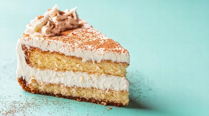 A single slice of tres leches cake on a pastel teal background