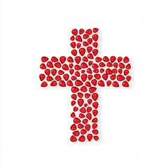 Obraz premium A vibrant red cross made of heart shapes, symbolizing love, faith, and compassion against a minimalist white background.