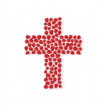 A vibrant red cross made of heart shapes, symbolizing love, faith, and compassion against a minimalist white background.