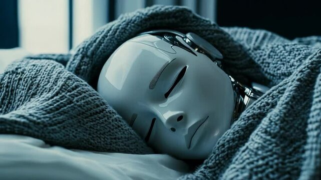 Humanoid robot is resting with its eyes closed, enveloped by a cozy blanket. The peaceful scene raises questions about the future of artificial intelligence