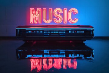 Neon 'MUSIC' Sign Illuminates Gritty Urban Studio with Reflective Surfaces, Capturing the Essence of Vivid Lighting in an Audio Tape Setting