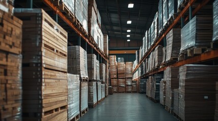 Fototapeta premium Rows of processed lumber stacked and labeled with tags in an organized warehouse.