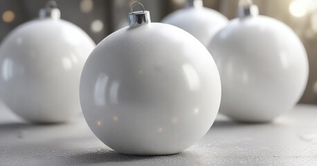 Detailed shot of multiple white glossy round Christmas bauble ornaments on a frosted glass surface, intricate details, textured ornamentation, winter wonderland elements