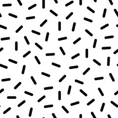 Seamless pattern featuring small, rounded black lines scattered randomly on a white background, creating a simple yet dynamic visual texture