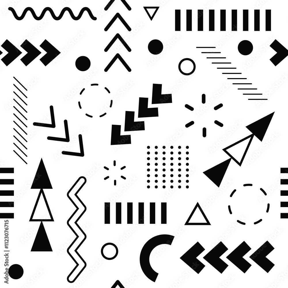 Poster seamless geometric pattern repeating abstract shapes such as triangles, circles, squares, lines, and