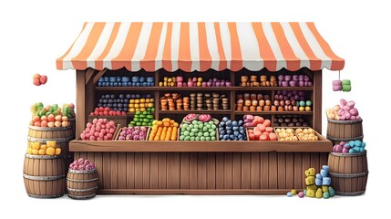 Cartoon sweet shop with&nbsp;wooden crates of colorful candies. Lollipops, gummy bears and chocolate bars&nbsp;displayed under striped awning in playful illustration style.
