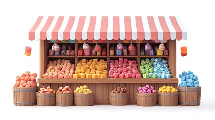 Cartoon sweet shop with&nbsp;wooden crates of colorful candies. Lollipops, gummy bears and chocolate bars&nbsp;displayed under striped awning in playful illustration style.