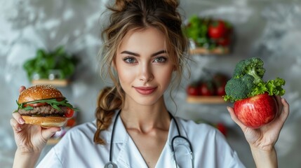 A woman in a white coat holds a burger in one hand and broccoli with an apple in the other. Concept of healthy versus unhealthy food choices. For nutrition comparison.