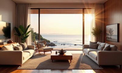 Fototapeta premium Luxurious coastal living room with panoramic ocean view at sunset. Modern interior design featuring minimalist furniture, hardwood floors and floor-to-ceiling windows framing dramatic seascape