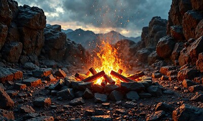 Naklejka premium Rocky terrain surrounding a crackling fire pit with sparks flying everywhere , fire, sparks, wilderness