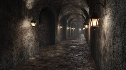 Obraz premium A cellar corridor with dim lamps flickering along the walls, casting eerie shadows on the stone floor.