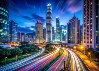 Obraz premium Stunning Long Exposure Night Scene of Hong Kong's Central District in 2015, Showcasing Iconic Skyscrapers, Vibrant City Lights, and Dynamic Traffic Patterns Under a Starry Sky