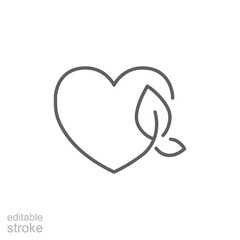 Fototapeta premium Love ecology icon. Simple outline style. Heart shape and leaves, leaf, organic, eco, vegan, herbal healthcare, nature care concept. Thin line symbol. Vector illustration isolated. Editable stroke.
