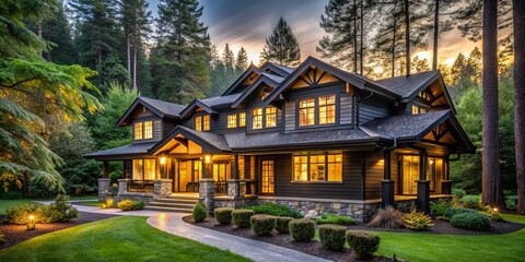 Obraz premium Stunning Long Exposure of a Newly Constructed Craftsman Style Marigold House with Black Accents Nestled in a Lush Forest Setting, Showcasing Architectural Beauty and Natural Surroundings