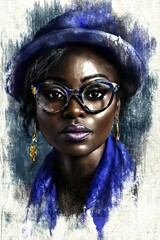 Fototapeta premium Portrait of a confident woman wearing glasses and a hat while adorned with earrings in a blue color scheme emphasizing her elegance