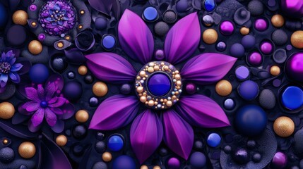 A vibrant purple flower with intricate details, surrounded by a mesmerizing arrangement of golden spheres and blue orbs on a dark background