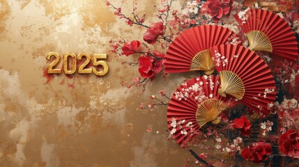 Chinese New Year design showcasing 2025 in gold with red fans and floral elements on a textured background