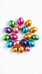 White background with a circular arrangement of colorful chocolate easter eggs wrapped in multi colored metallic foil, food, pastry, gift wrap