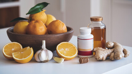 Kitchen table, with fresh citrus fruits, garlic cloves, ginger root, honey and a bottle of vitamin supplements. A composition demonstrating natural ways to strengthen immunity in winter.