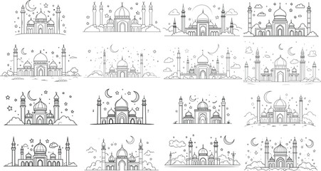 Fototapeta premium Mosque Line Art Illustrations: Islamic Architecture with Stars, Moons, and Minarets