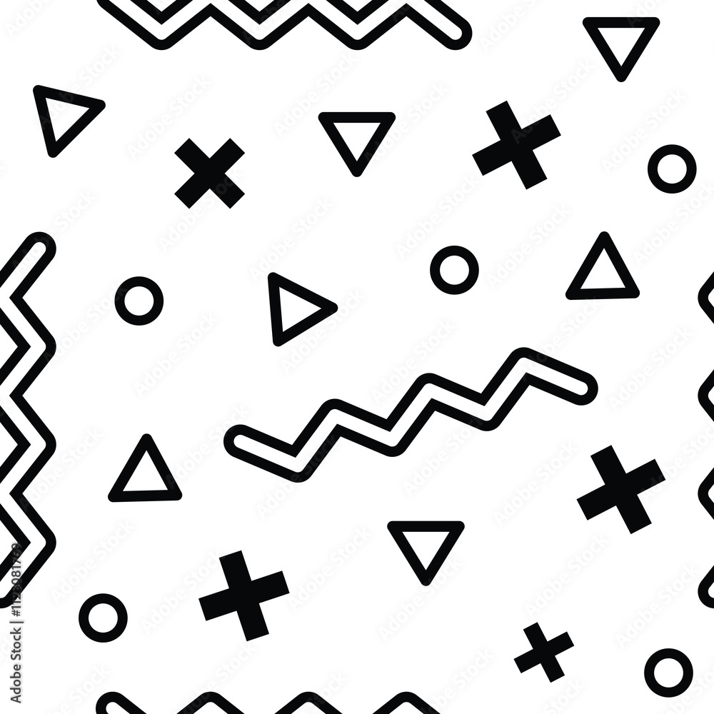 Poster black geometric shapes including plus signs, triangles, circles and zigzag lines create a dynamic an