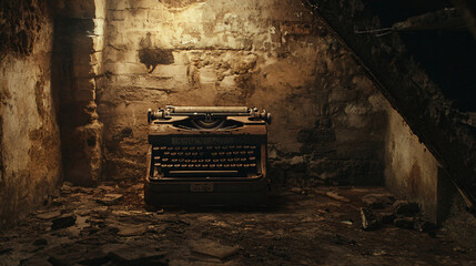 A cellar where an old typewriter sits in the corner, typing softly by itself as if guided by unseen hands.