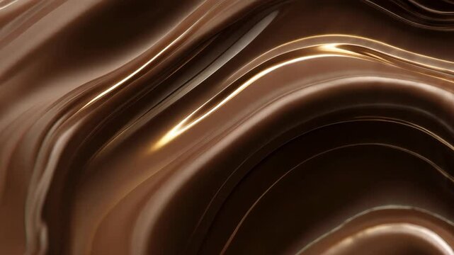 Liquid chocolate flows gracefully, creating mesmerizing waves and ripples. Golden reflections accentuate the chocolate's curves, enhancing its rich, velvety texture and indulgent appeal