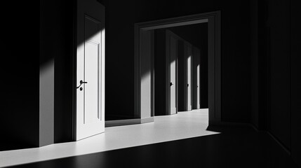 Naklejka premium Sunlit hallway with open doors leading to dark rooms, creating a sense of mystery and choice.
