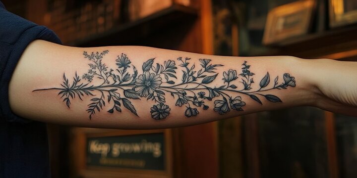Botanical tattoo design featuring intricate script and floral elements on a person's forearm in an artistic setting