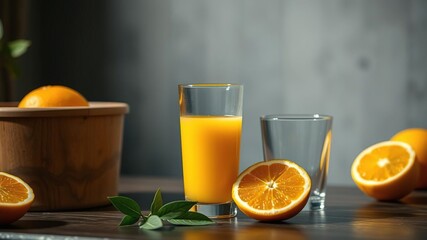 Fototapeta premium A glass of freshly squeezed orange juice is placed in a wooden container near an empty cup, home decor, citrus,