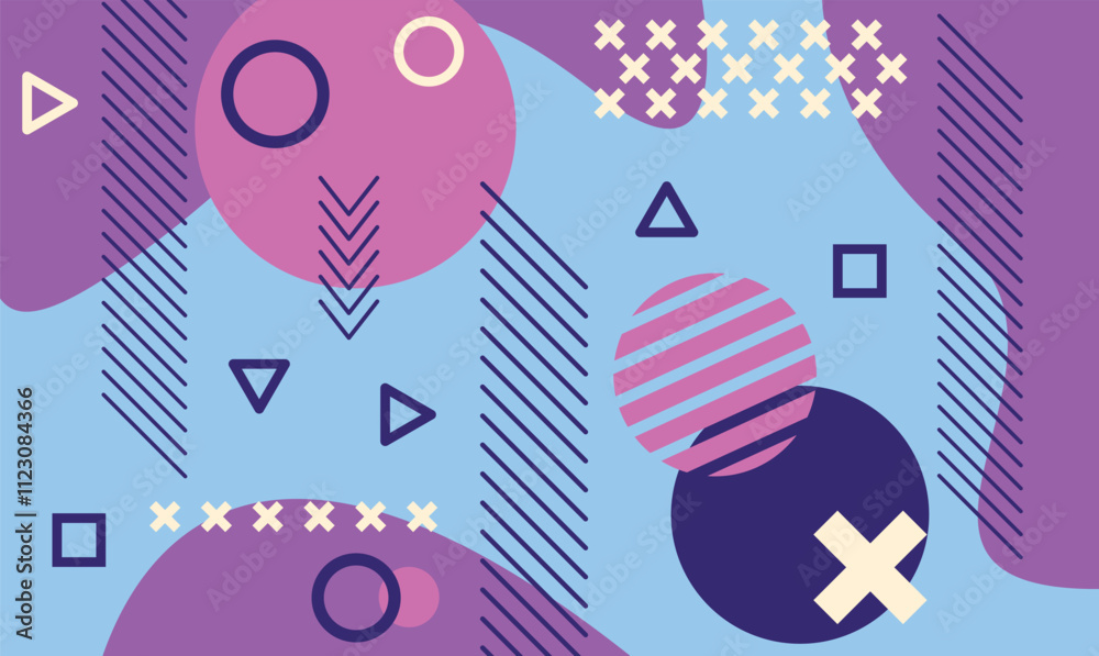 Poster modern abstract background featuring various geometric shapes like circles, triangles, and squares, 