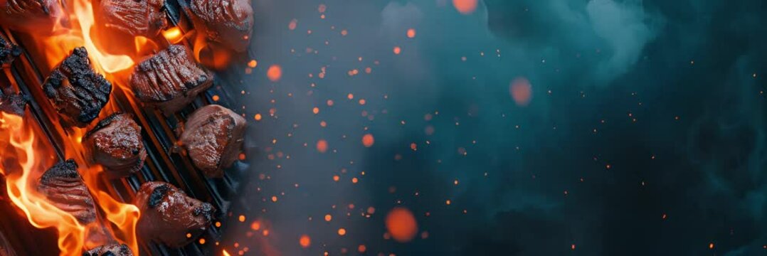 Close-up of hot coals on a grill with flames and sparks flying.